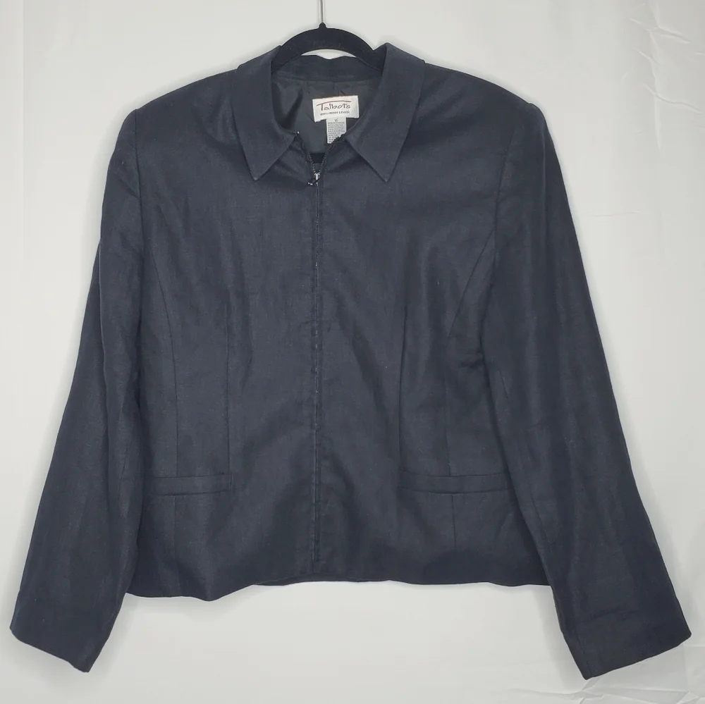 Talbots Irish Linen Black Jacket Size 16 Zip Up Long Sleeve Lined  Blazer Office